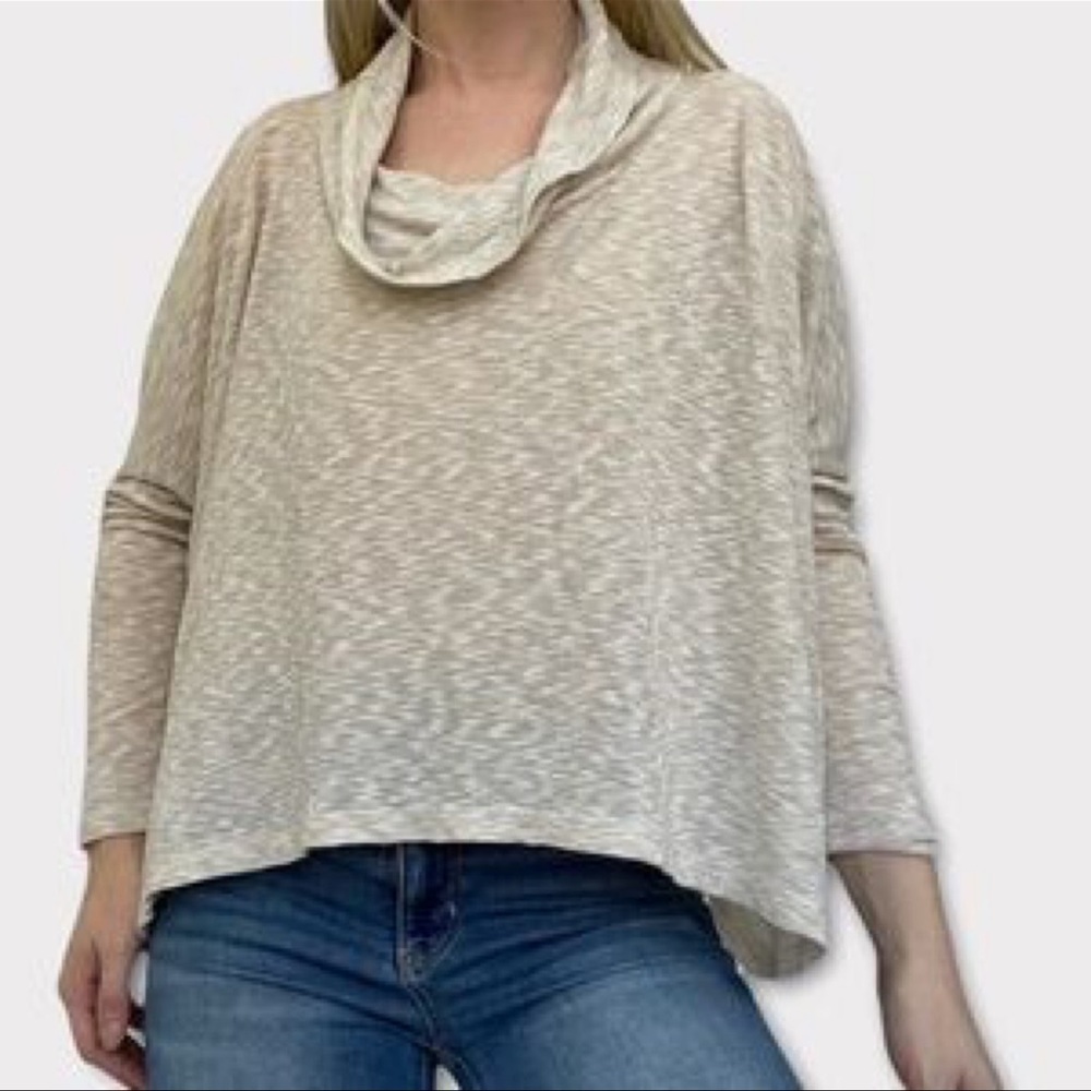 lush ribbed cowl neck split back top in oatmeal, size small
